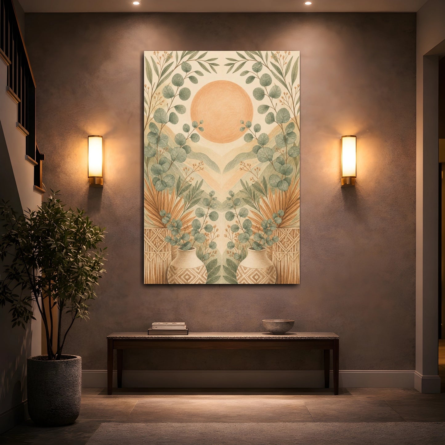 Mockup 2. Boho Eucalyptus Sun shown as canvas print