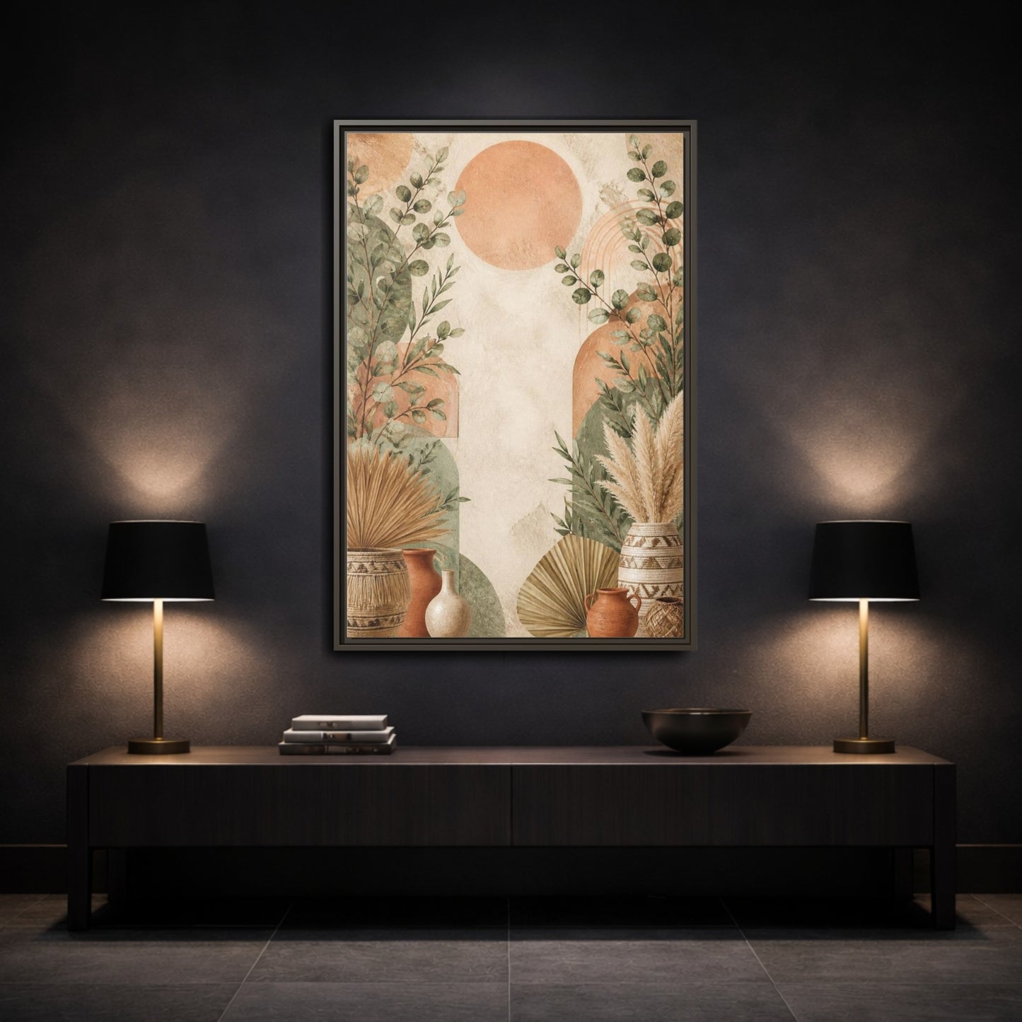 Mockup 3. Boho Eucalyptus Sun shown as framed canvas print