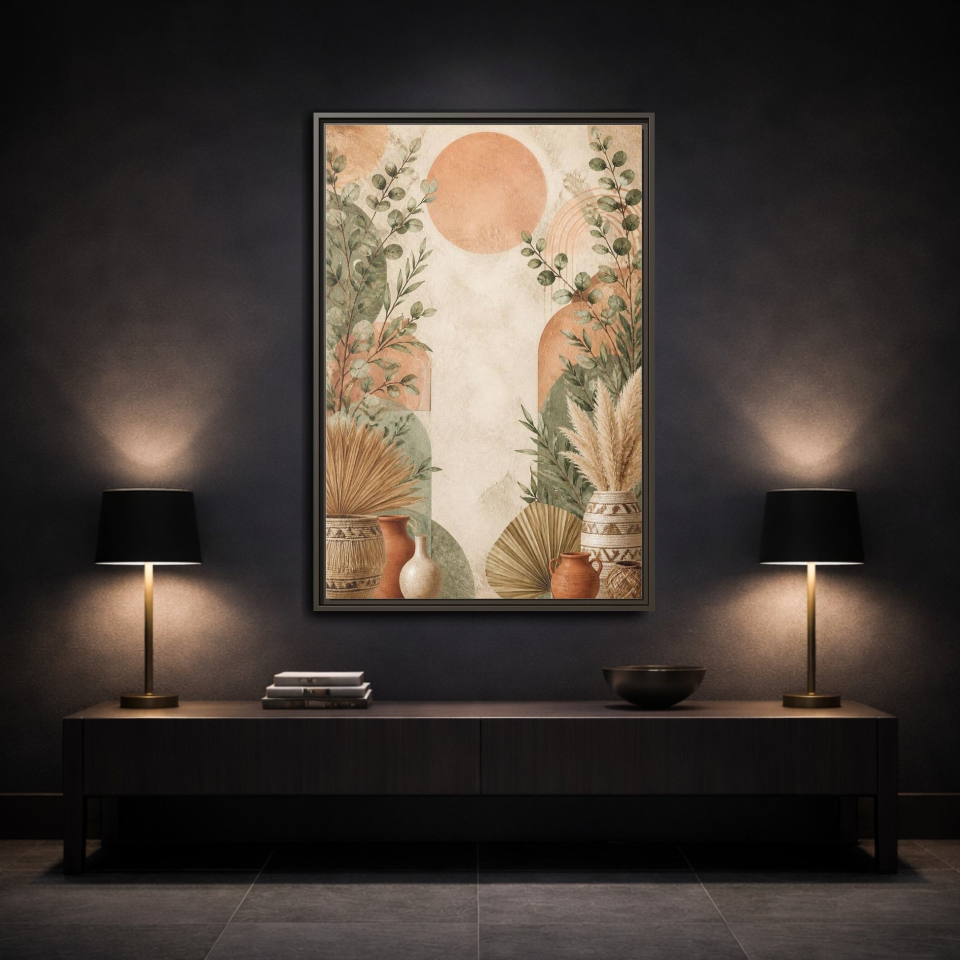 Mockup 3. Boho Eucalyptus Sun shown as framed canvas print