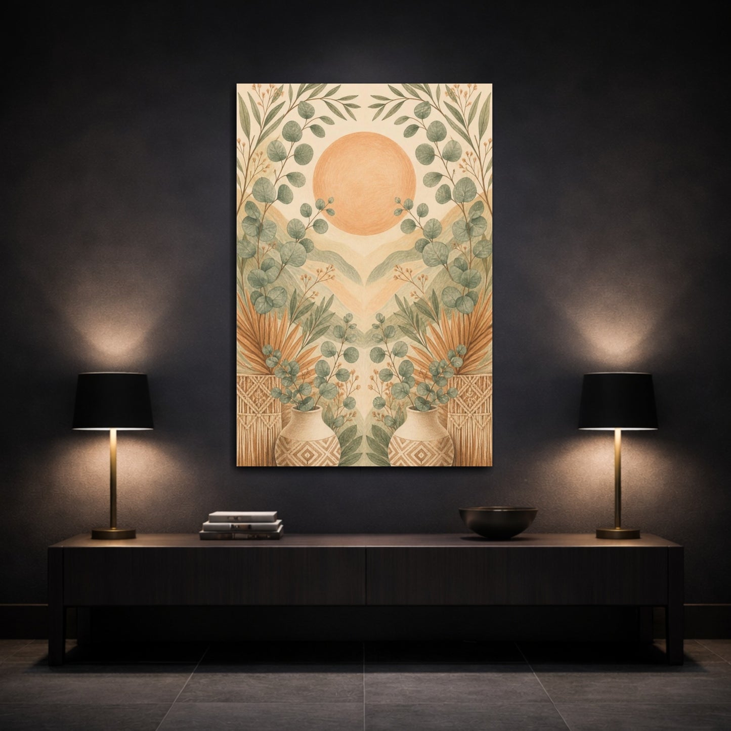 Mockup 3. Boho Eucalyptus Sun shown as canvas print