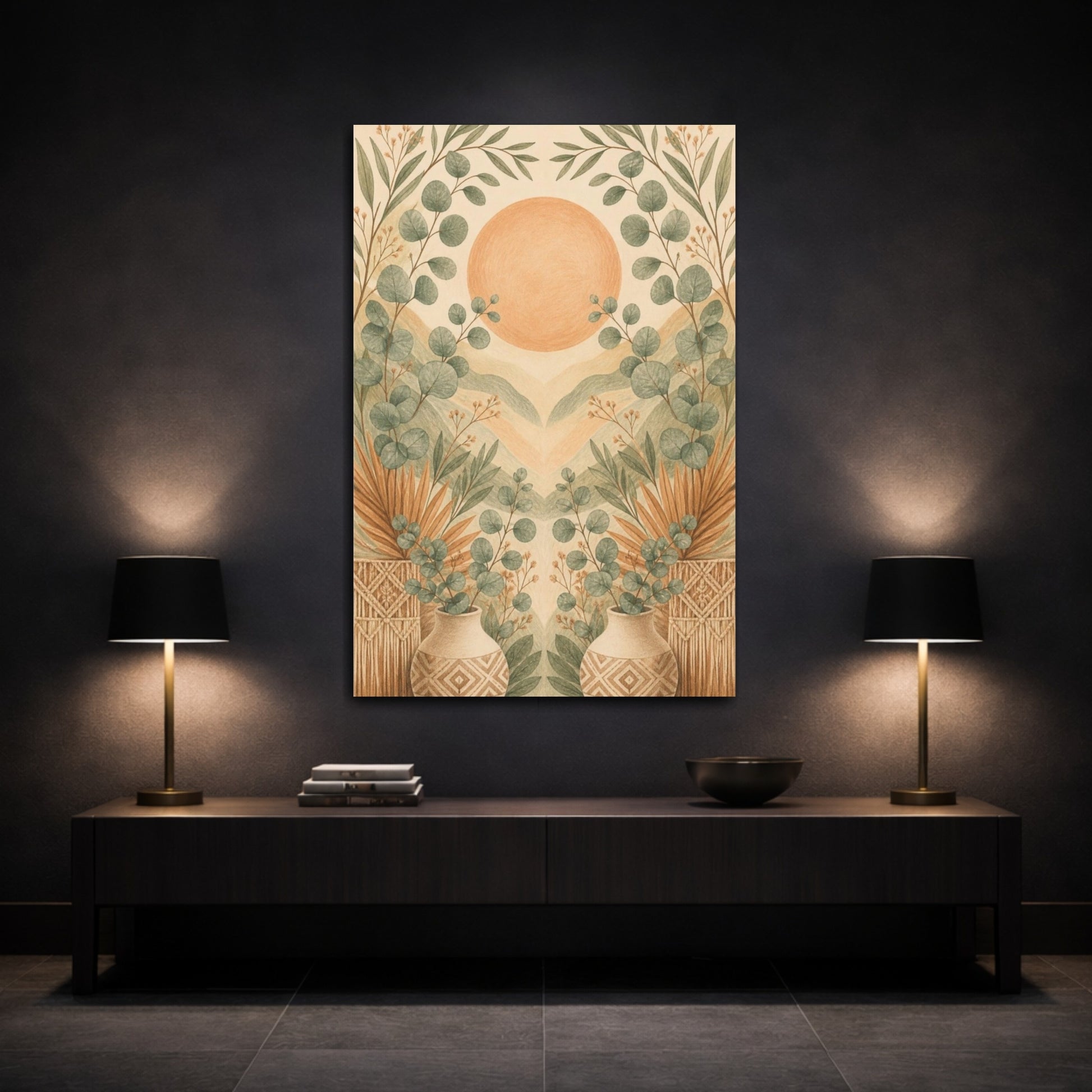 Mockup 3. Boho Eucalyptus Sun shown as canvas print