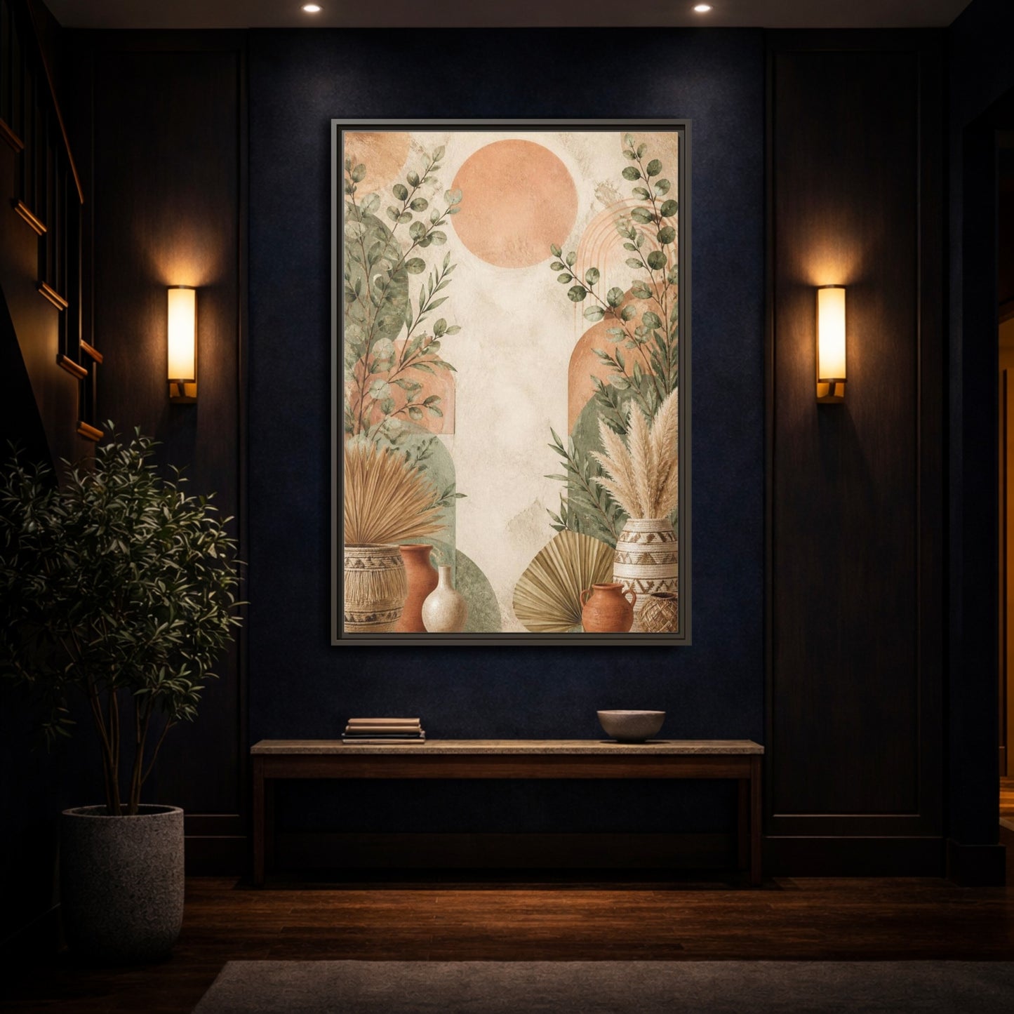 Mockup 4. Boho Eucalyptus Sun shown as framed canvas print