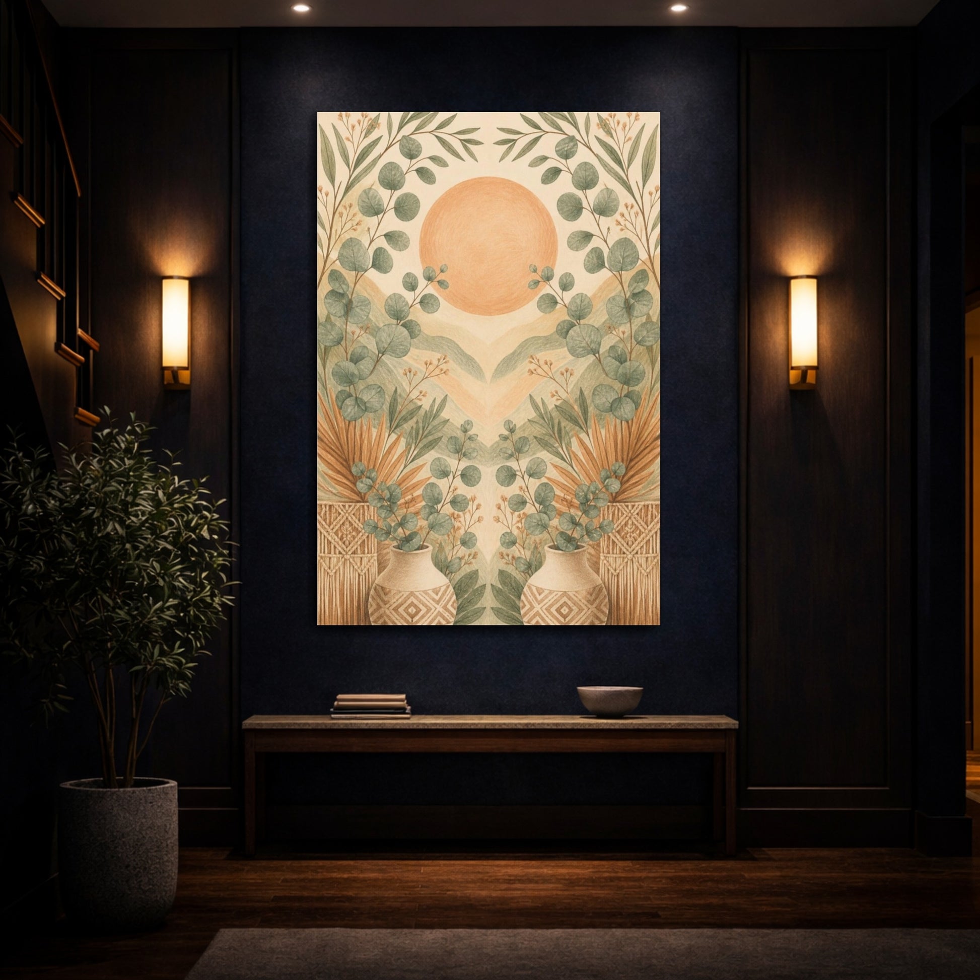 Mockup 4. Boho Eucalyptus Sun shown as canvas print