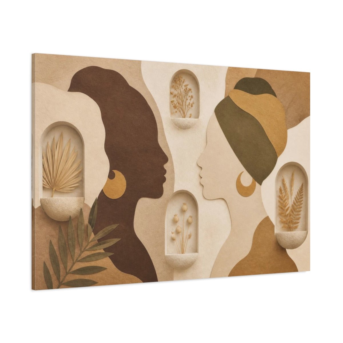 Boho Female Silhouettes Canvas Print – Living Room, Above Couch, Bone, Mocha, Olive, Muted Gold - YesArtYes