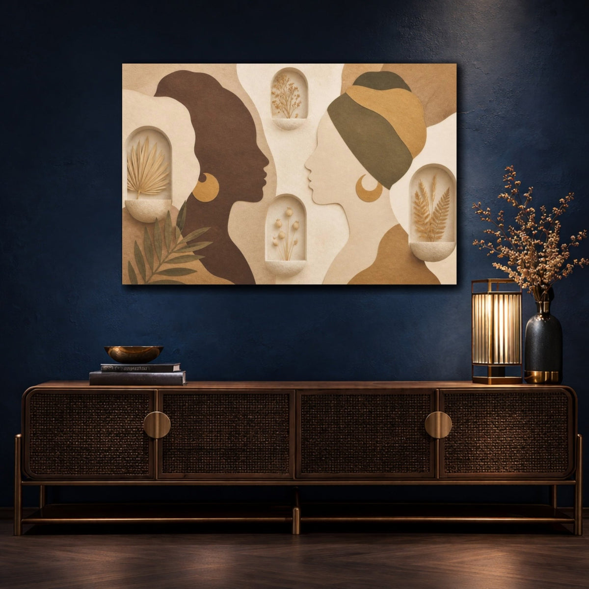 Boho Female Silhouettes Canvas Print – Living Room, Above Couch, Bone, Mocha, Olive, Muted Gold - YesArtYes