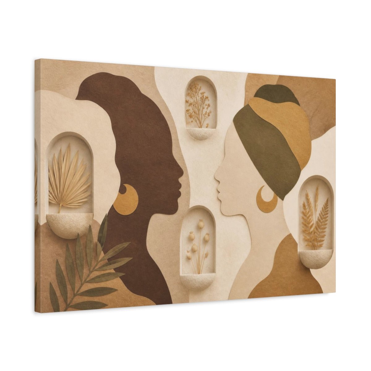 Boho Female Silhouettes Canvas Print – Living Room, Above Couch, Bone, Mocha, Olive, Muted Gold - YesArtYes