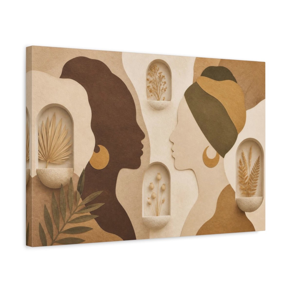 Boho Female Silhouettes Canvas Print – Living Room, Above Couch, Bone, Mocha, Olive, Muted Gold - YesArtYes