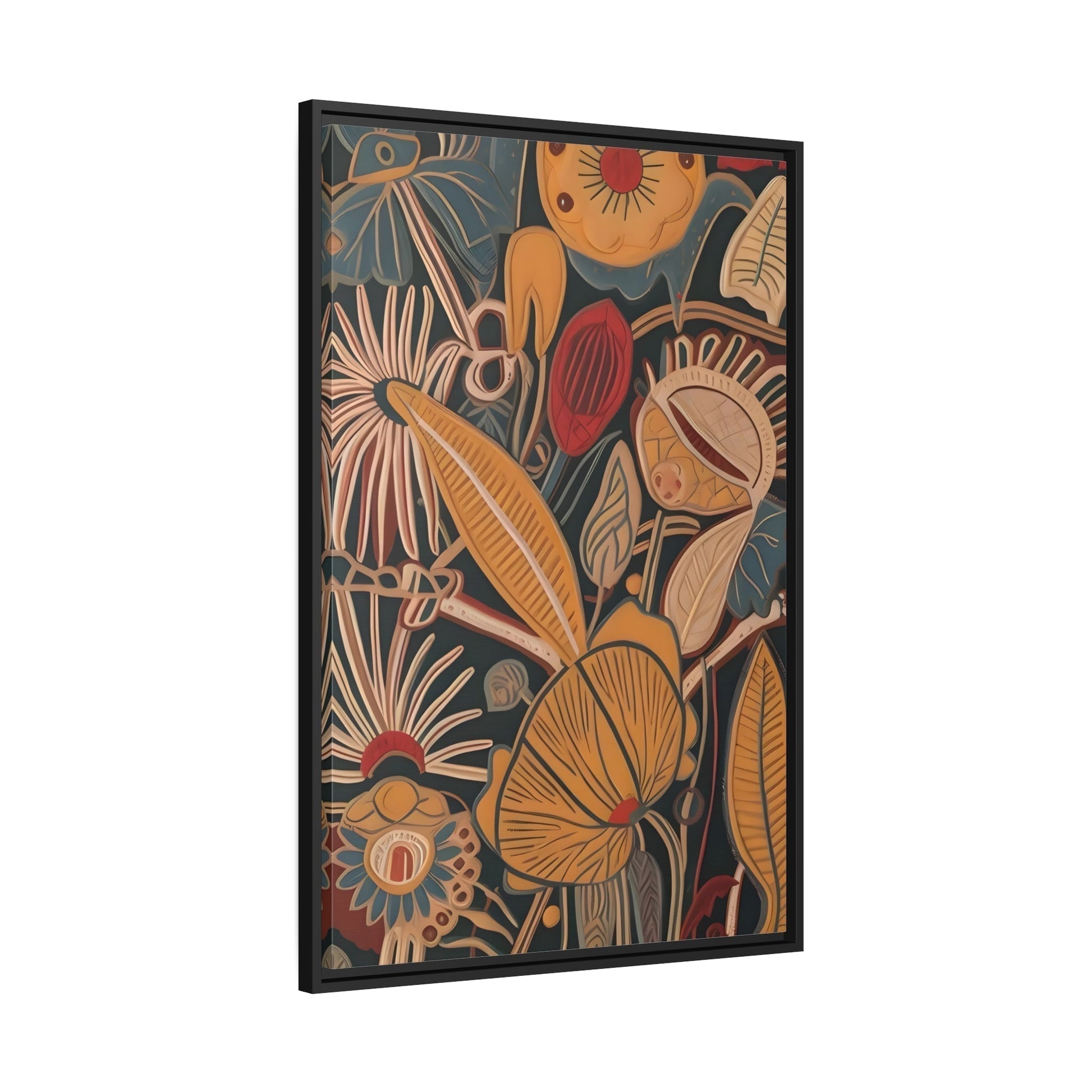 Boho Flowers Botanical Canvas Print - Modern Floral Living Room Wall Art Prints in Black Frame