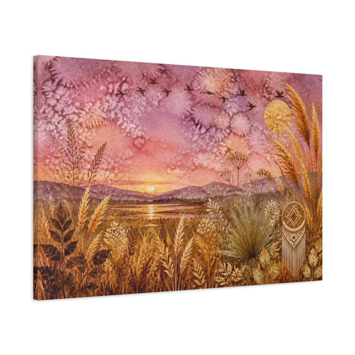 Main Mockup. Boho Golden Grasses Sunset shown as canvas print
