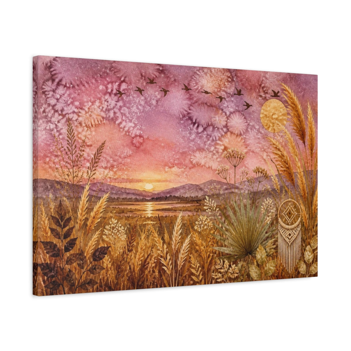 Side Mockup 2. Boho Golden Grasses Sunset shown as canvas print