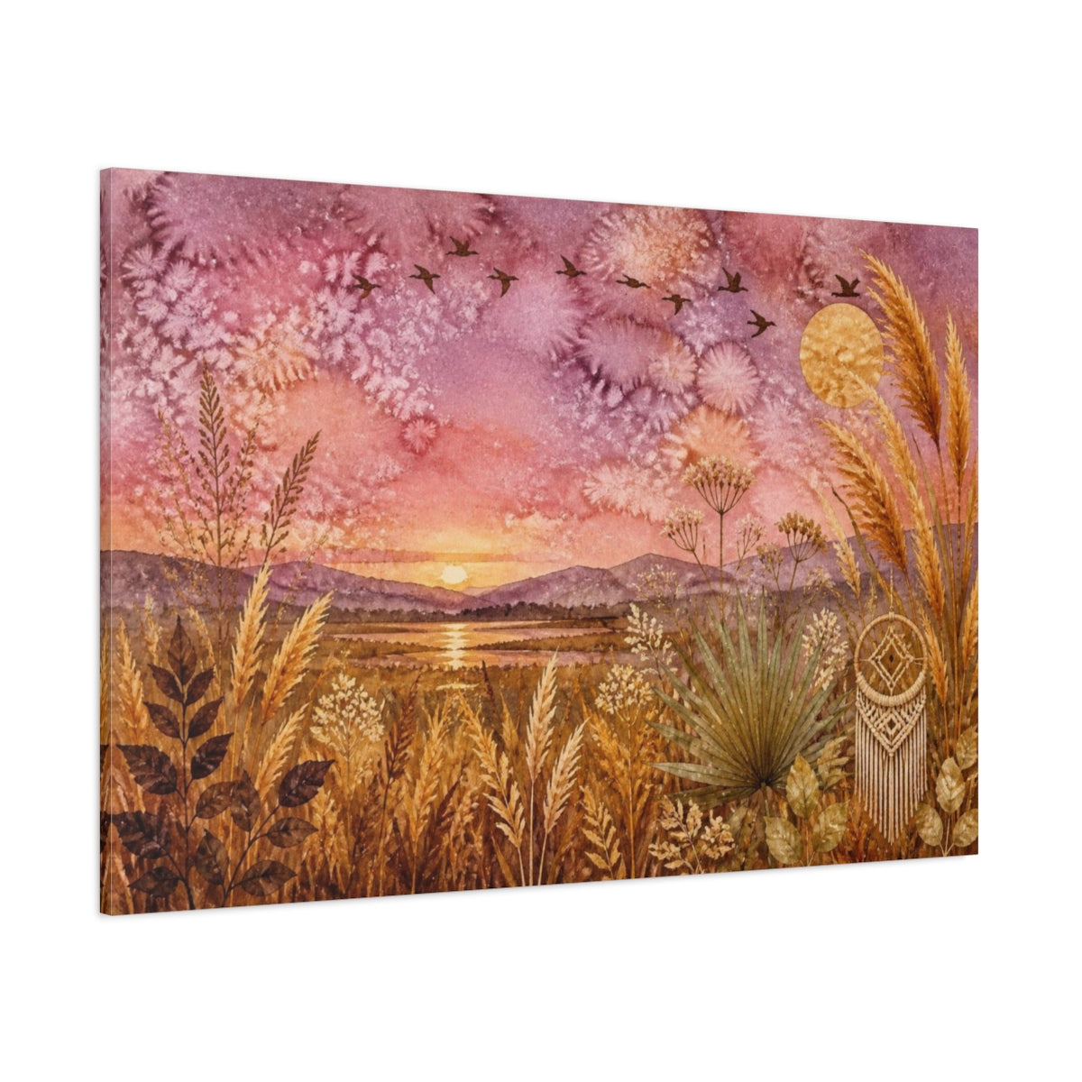 Side Mockup 1. Boho Golden Grasses Sunset shown as canvas print