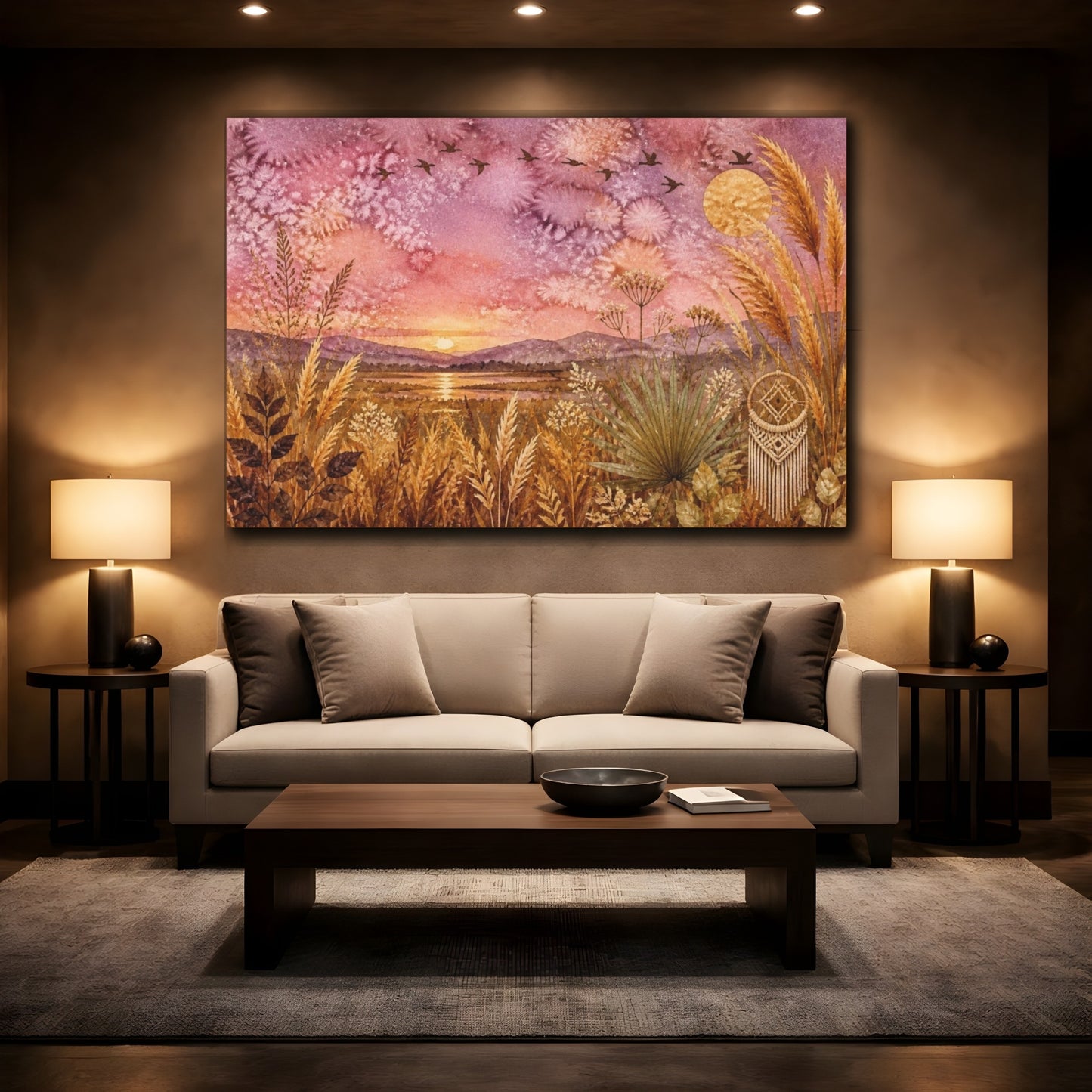 Mockup 2. Boho Golden Grasses Sunset shown as canvas print