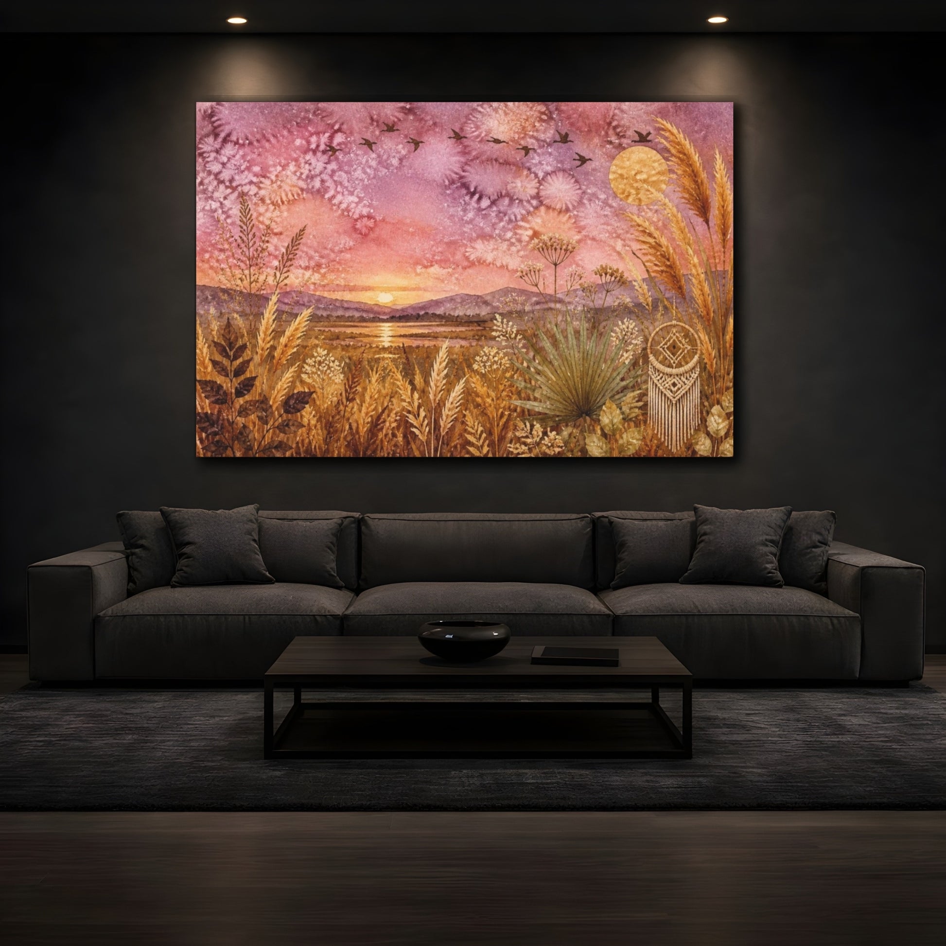 Mockup 3. Boho Golden Grasses Sunset shown as canvas print