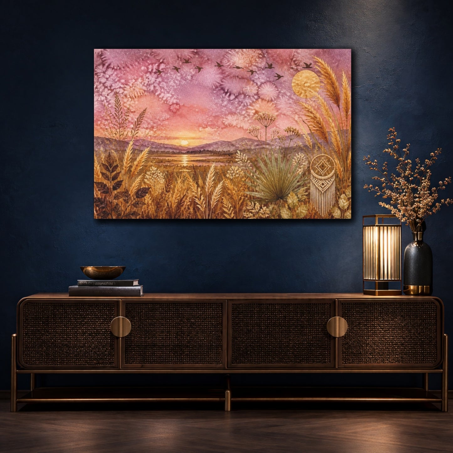 Mockup 4. Boho Golden Grasses Sunset shown as canvas print