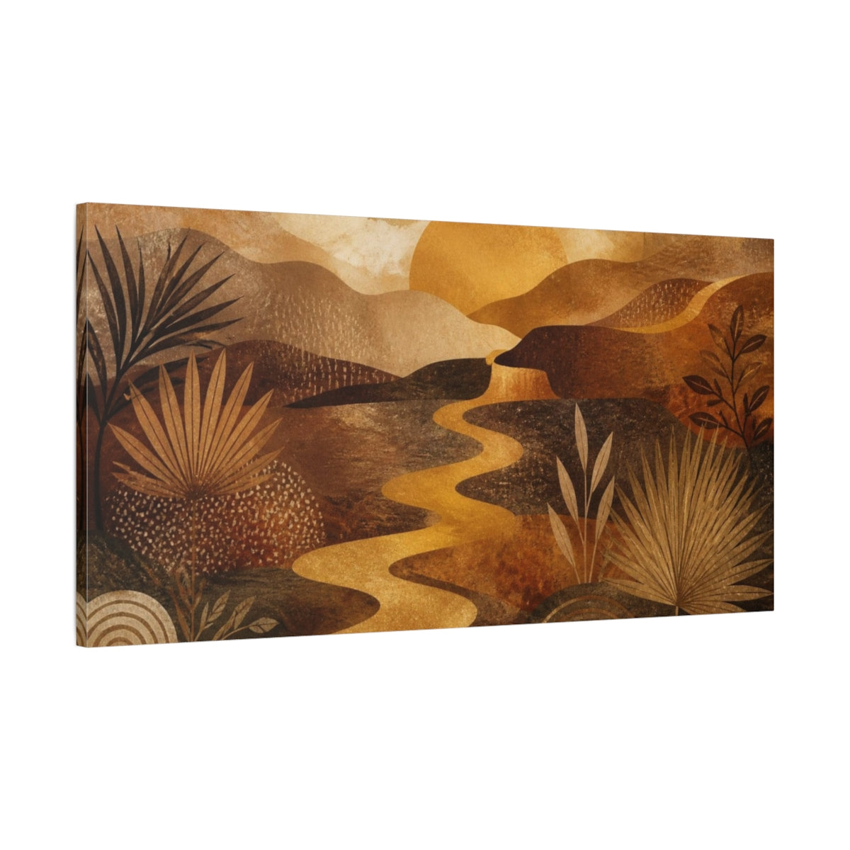 Main Mockup. Boho Golden River Sunset shown as canvas print