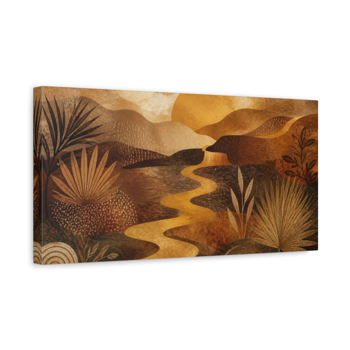 Side Mockup 3. Boho Golden River Sunset shown as canvas print