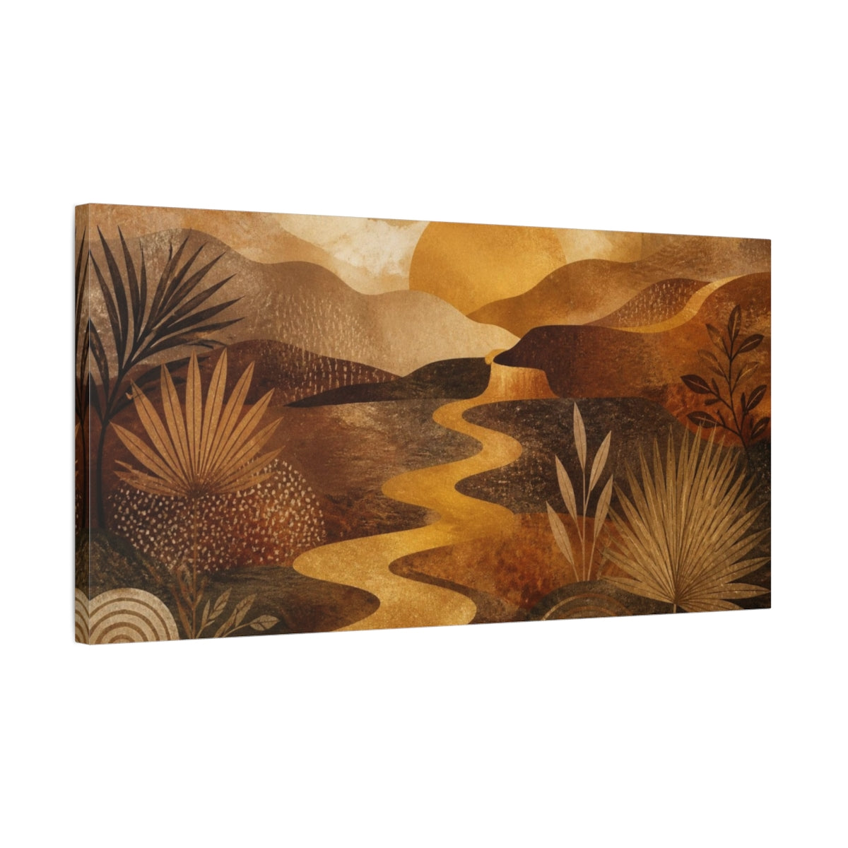 Side Mockup 1. Boho Golden River Sunset shown as canvas print