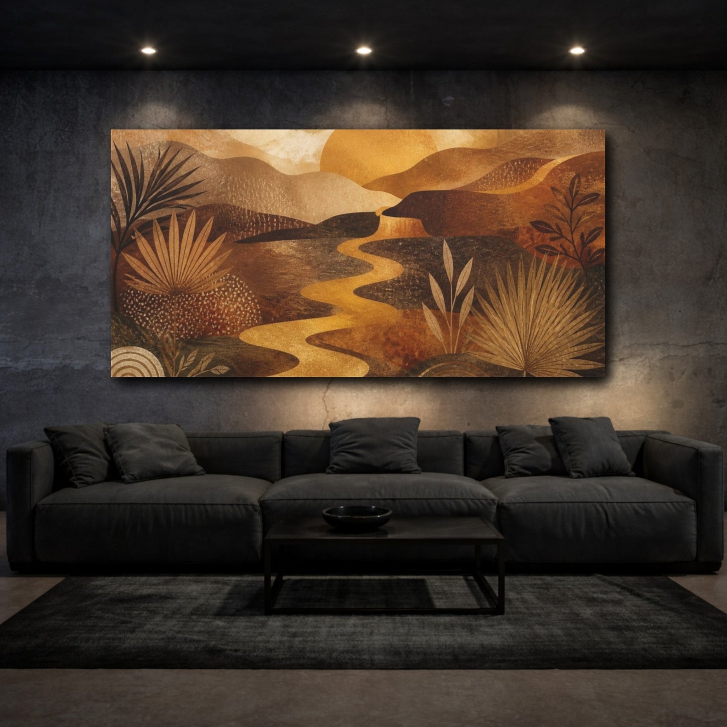 Mockup 3. Boho Golden River Sunset shown as canvas print