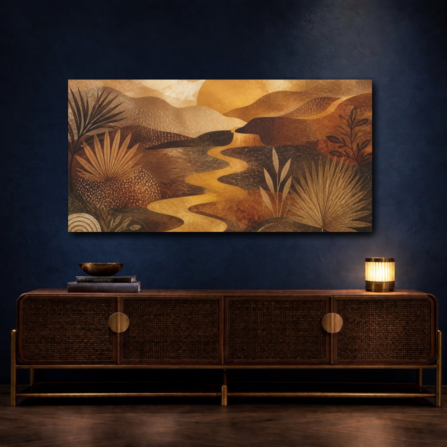 Mockup 4. Boho Golden River Sunset shown as canvas print
