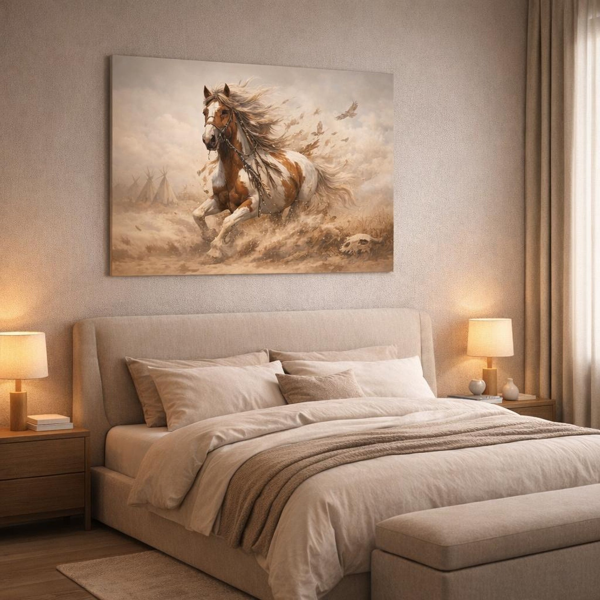 Boho Horse Art shown as canvas wall art in a luxury bedroom