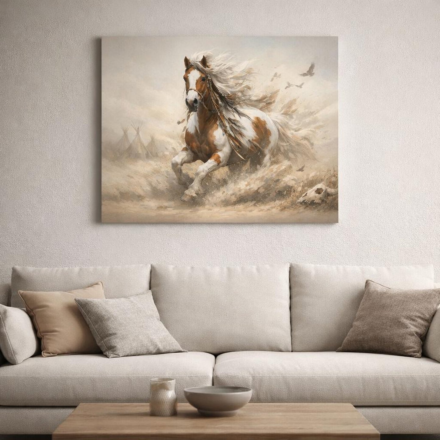 Boho Horse Art shown as canvas wall art in a refined dining room