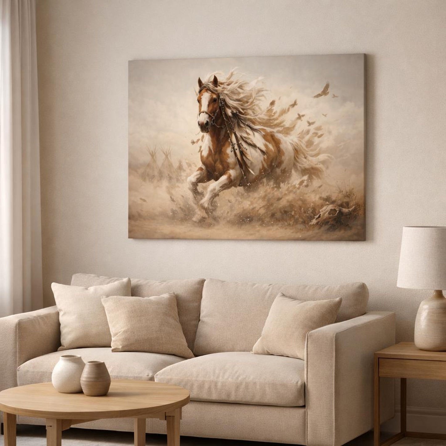 Boho Horse Art shown as canvas wall art in a modern living room