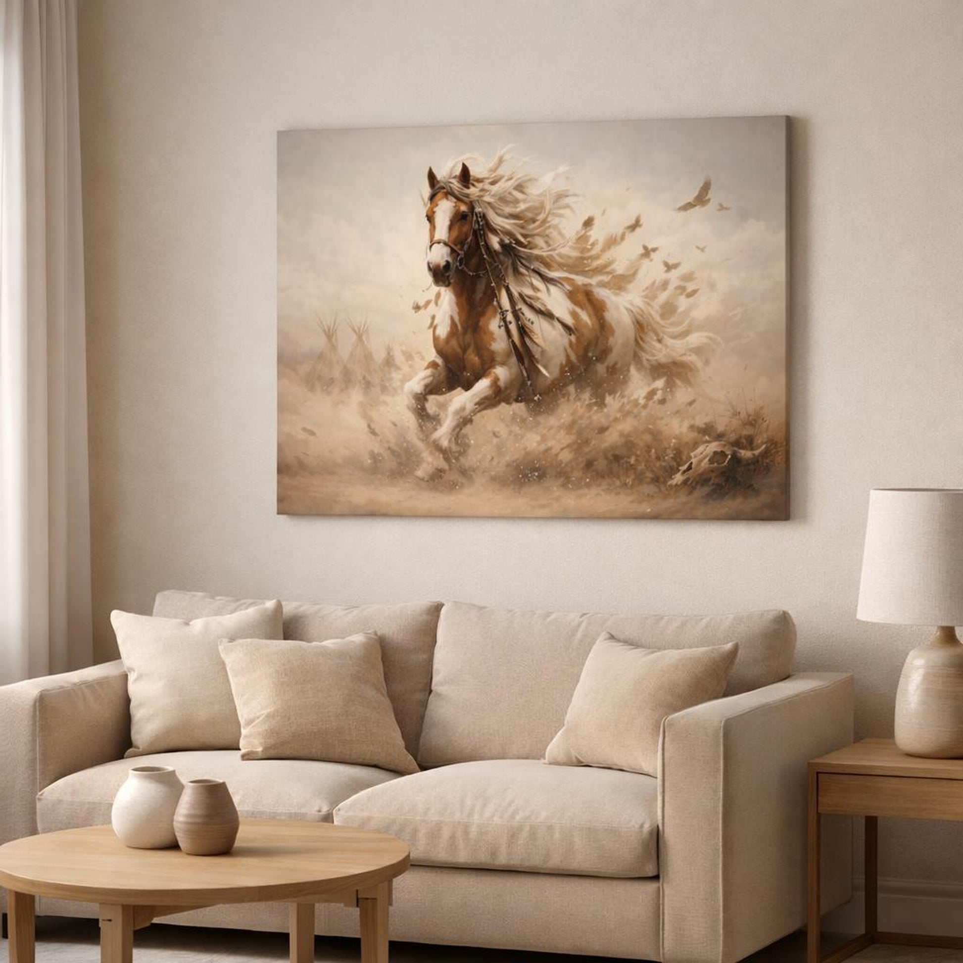Boho Horse Art shown as canvas wall art in a modern living room