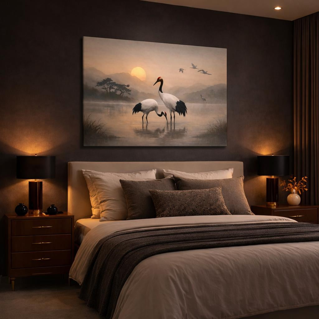 Boho Japanese Crane shown as canvas wall art in a luxury bedroom