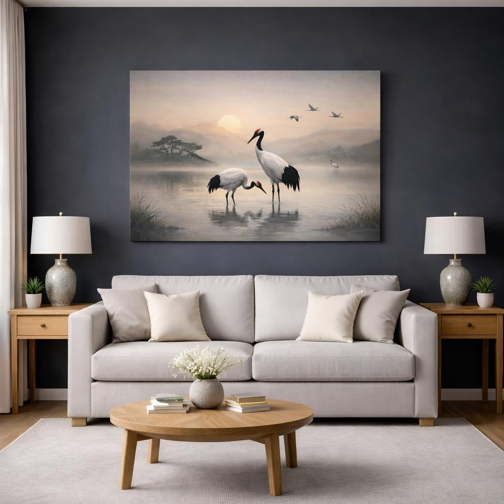 Boho Japanese Crane shown as canvas wall art in a modern living room