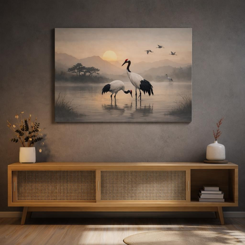 Boho Japanese Crane shown as canvas wall art in a refined dining room