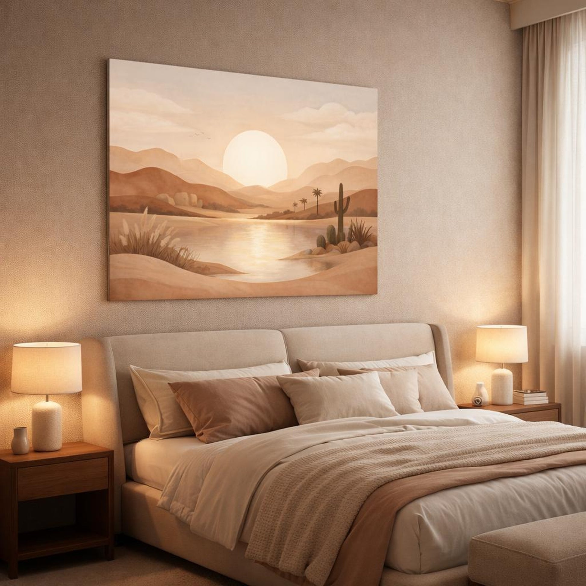 Boho Landscape Earth Tones shown as canvas wall art in a luxury bedroom