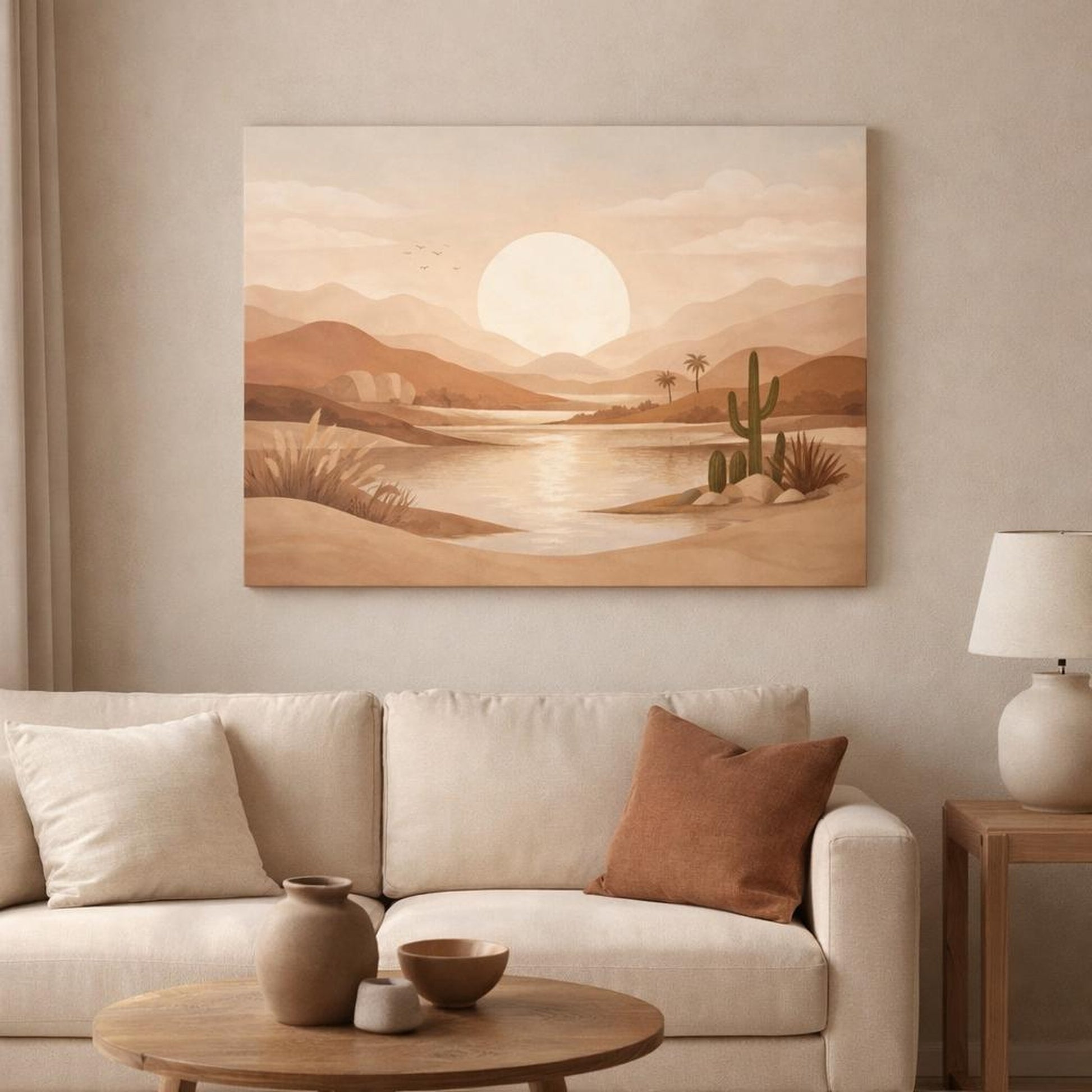 Boho Landscape Earth Tones shown as canvas wall art in a modern living room