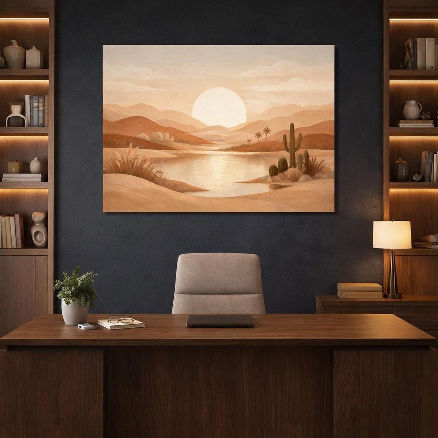 Boho Landscape Earth Tones shown as canvas wall art in a refined dining room