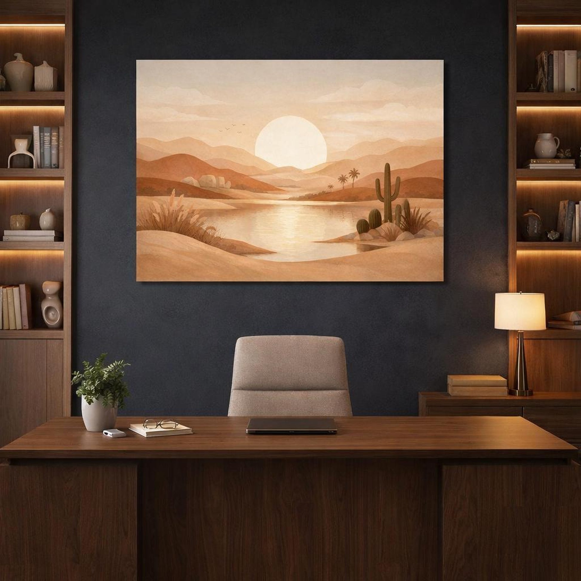 Boho Landscape Earth Tones shown as canvas wall art in a refined dining room