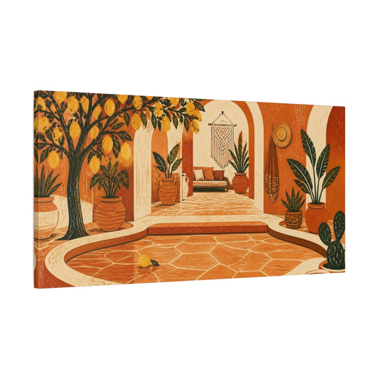 Main Mockup. Boho Lemon Tree Courtyard shown as canvas print