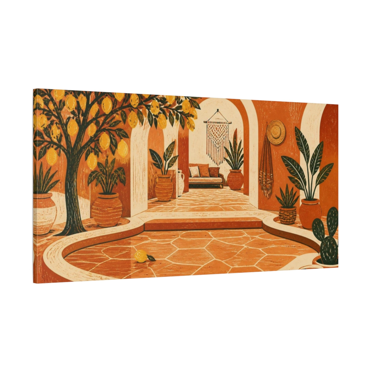 Side Mockup 2. Boho Lemon Tree Courtyard shown as canvas print
