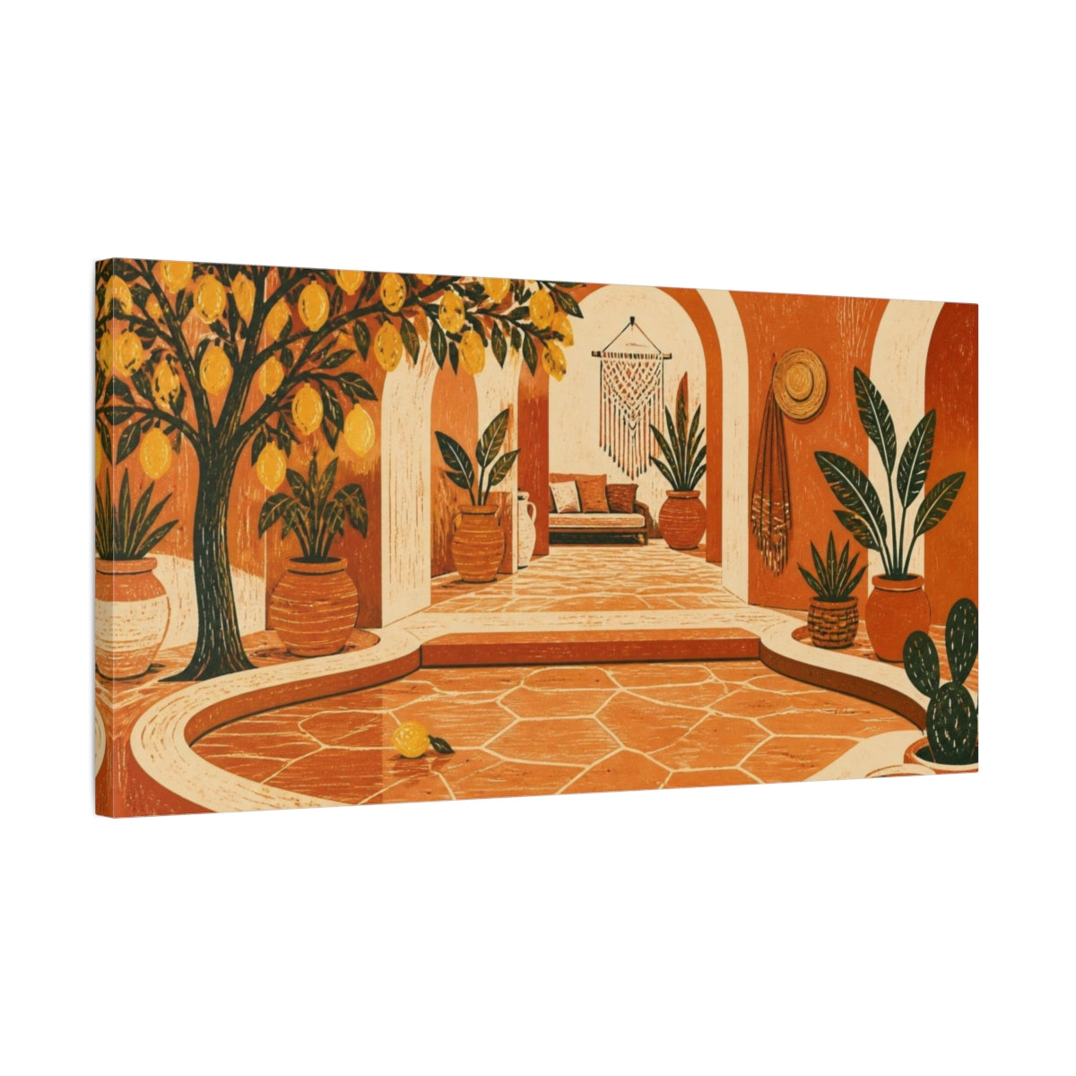 Side Mockup 1. Boho Lemon Tree Courtyard shown as canvas print