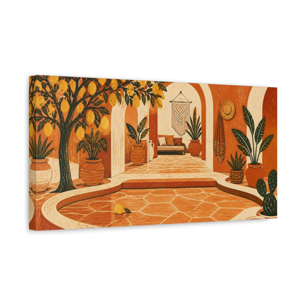 Side Mockup 3. Boho Lemon Tree Courtyard shown as canvas print