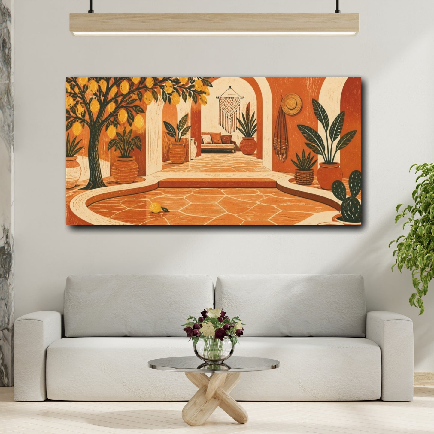 Mockup 2. Boho Lemon Tree Courtyard shown as canvas print