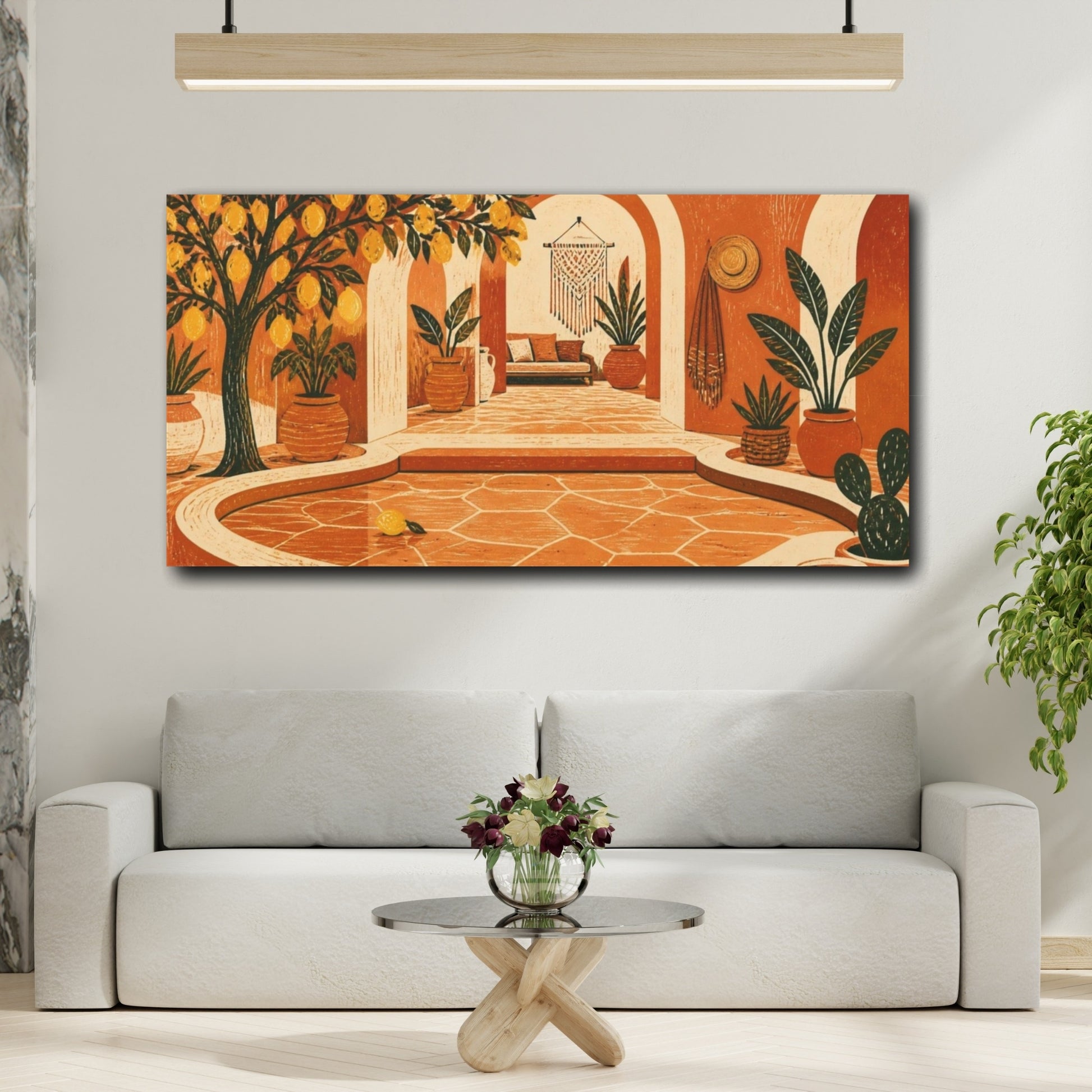 Mockup 2. Boho Lemon Tree Courtyard shown as canvas print