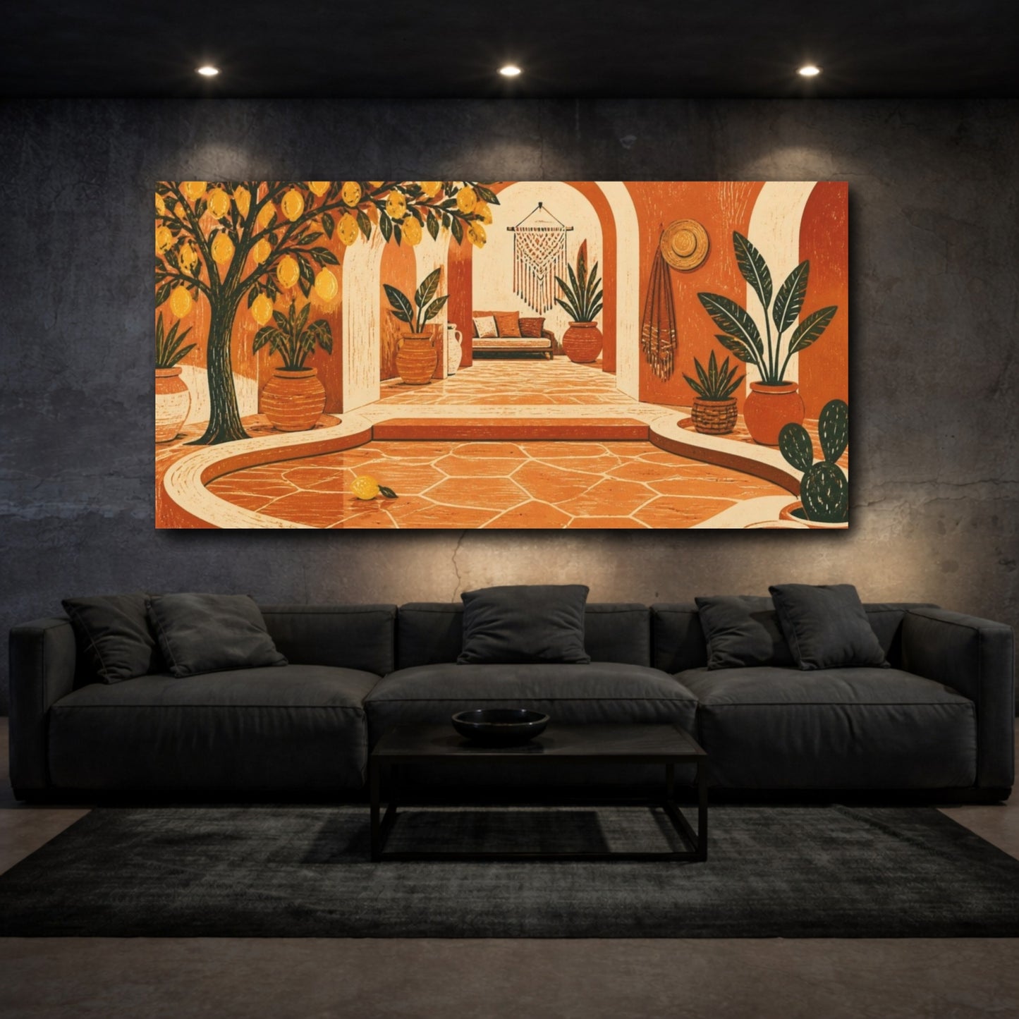 Mockup 3. Boho Lemon Tree Courtyard shown as canvas print