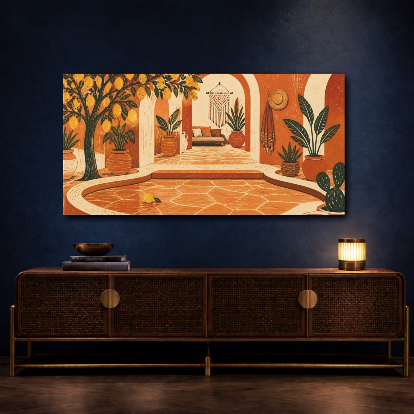 Mockup 4. Boho Lemon Tree Courtyard shown as canvas print