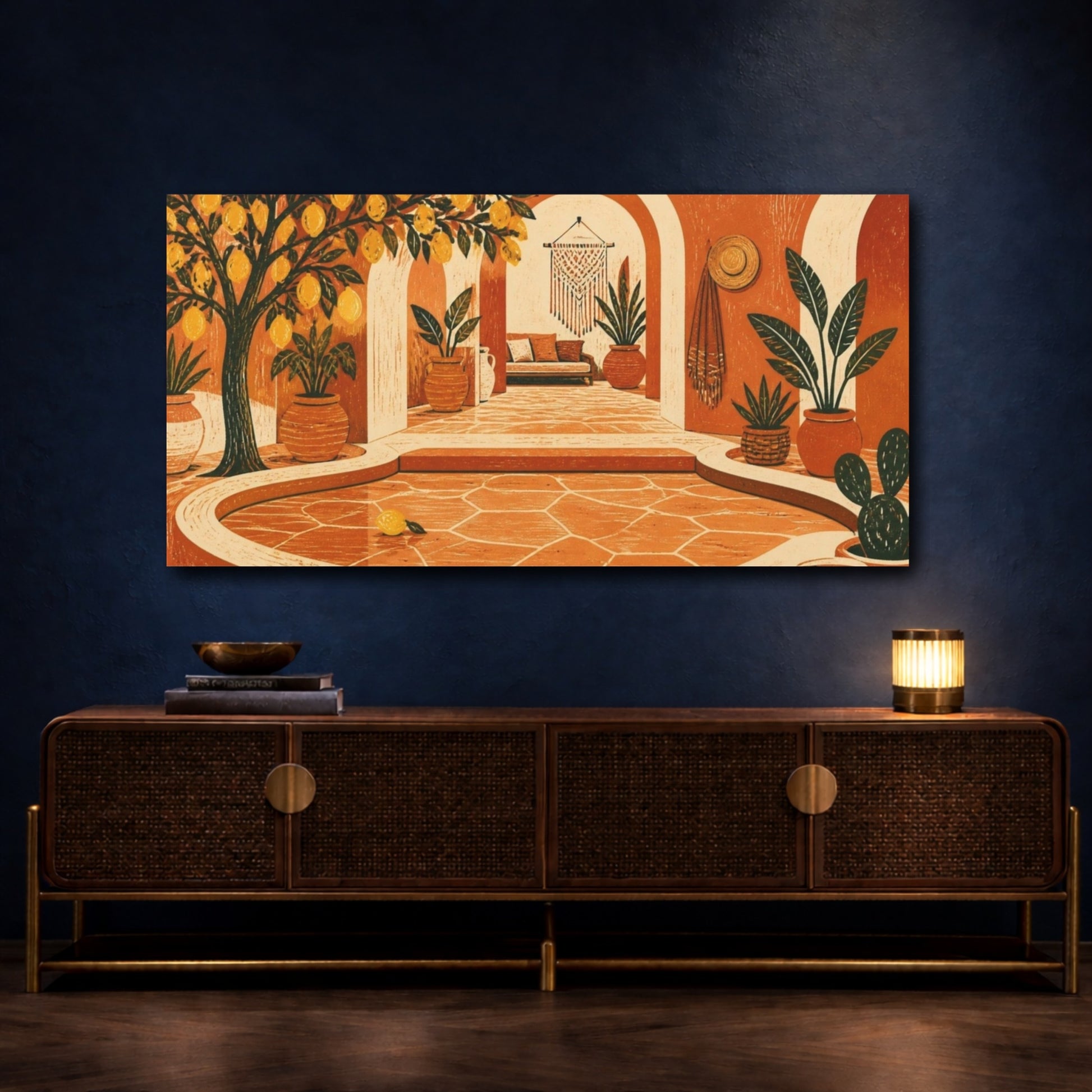 Mockup 4. Boho Lemon Tree Courtyard shown as canvas print