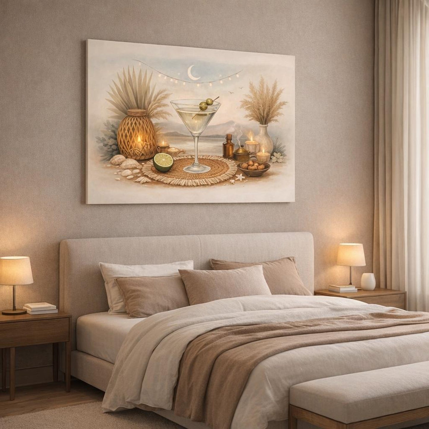 Boho Martini Time shown as canvas wall art in a luxury bedroom