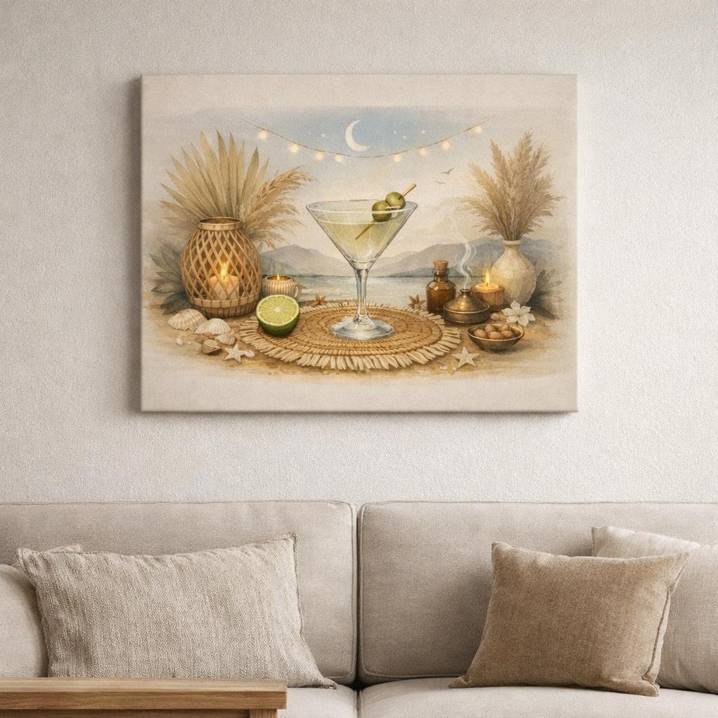 Boho Martini Time shown as canvas wall art in a refined dining room