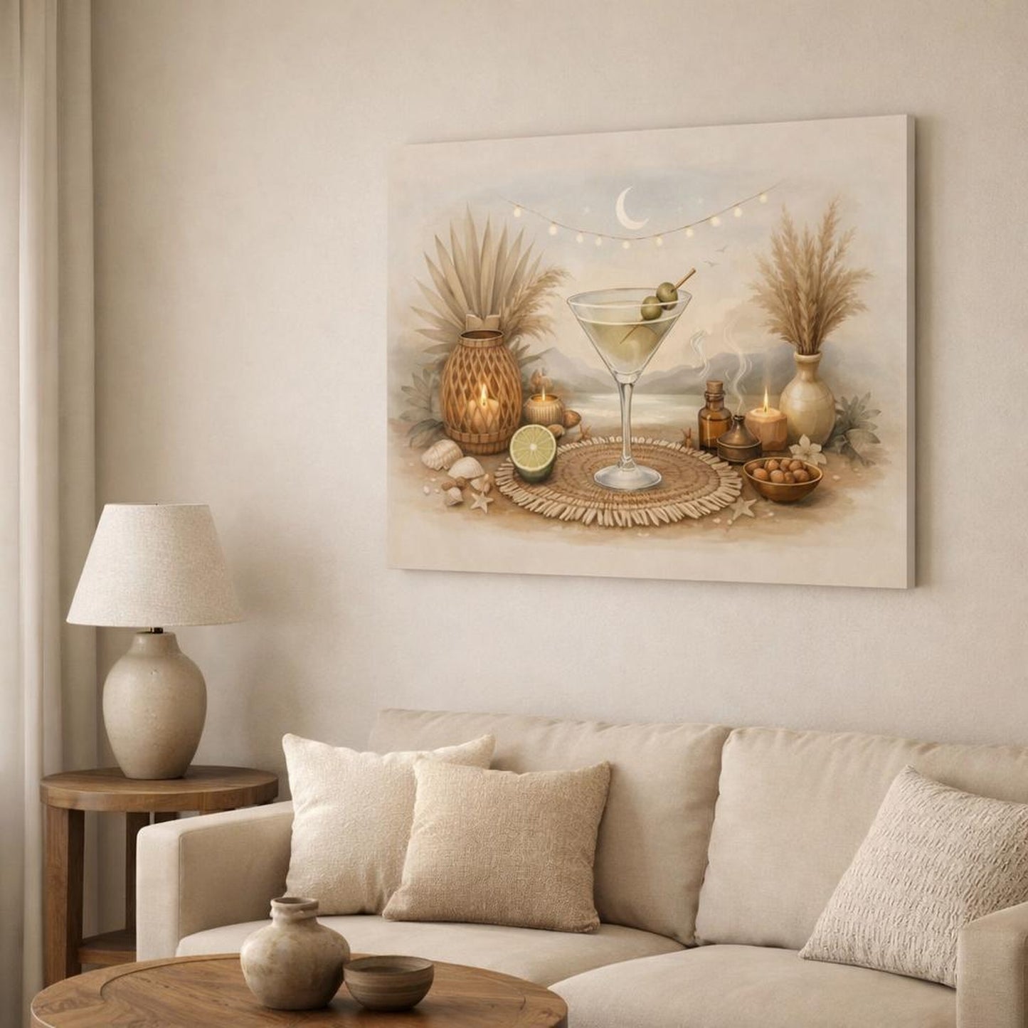 Boho Martini Time shown as canvas wall art in a modern living room