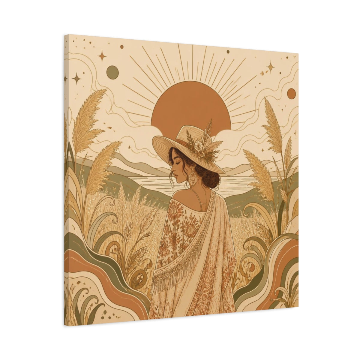 Main Mockup. Boho Meadow Woman shown as canvas print