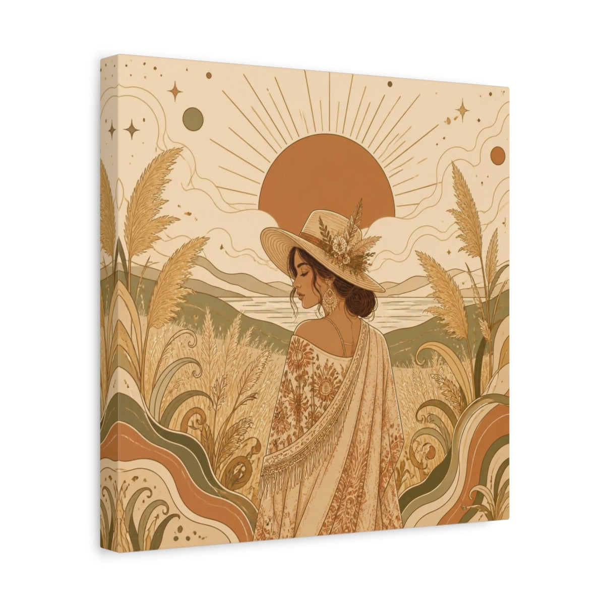 Side Mockup 7. Boho Meadow Woman shown as canvas print