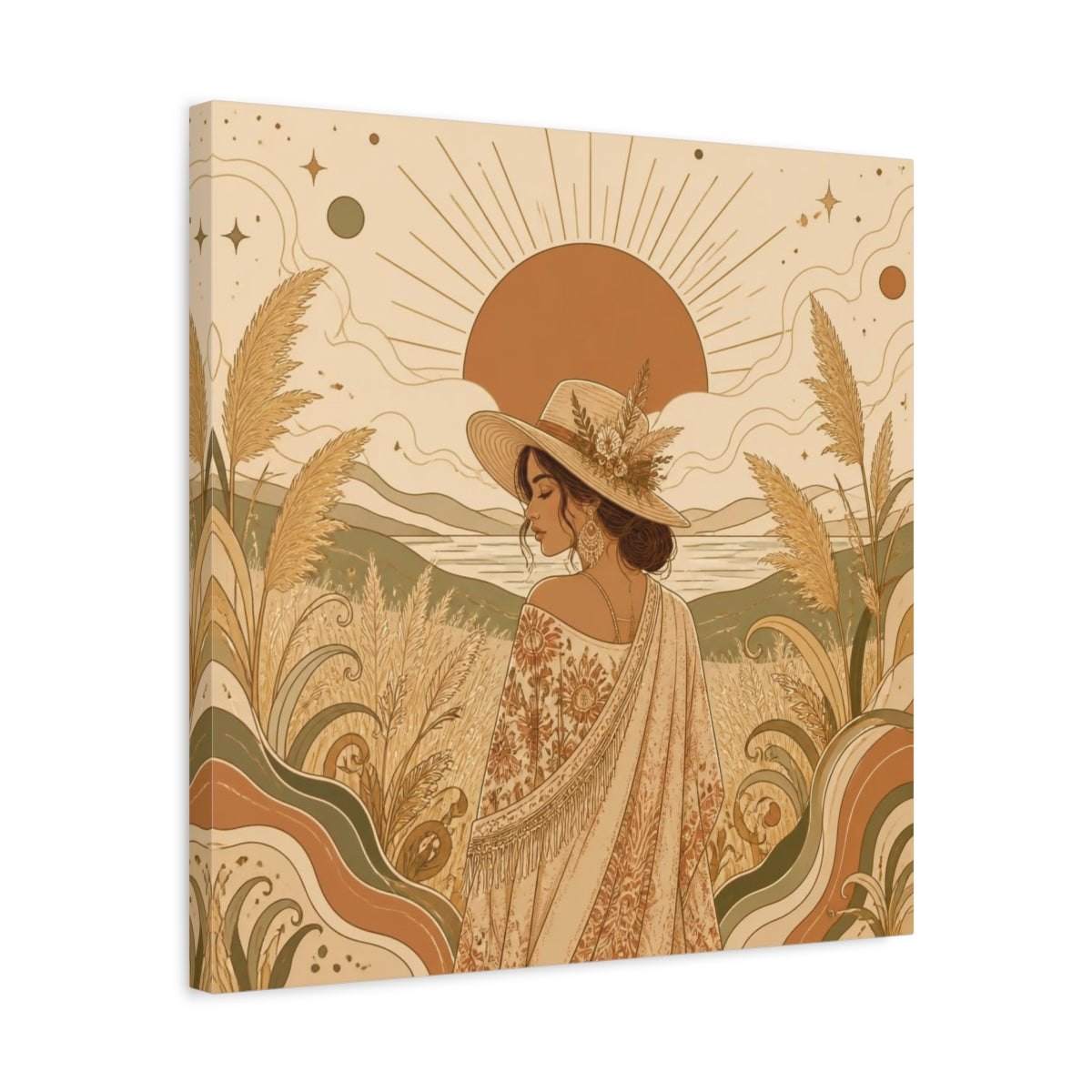 Side Mockup 5. Boho Meadow Woman shown as canvas print