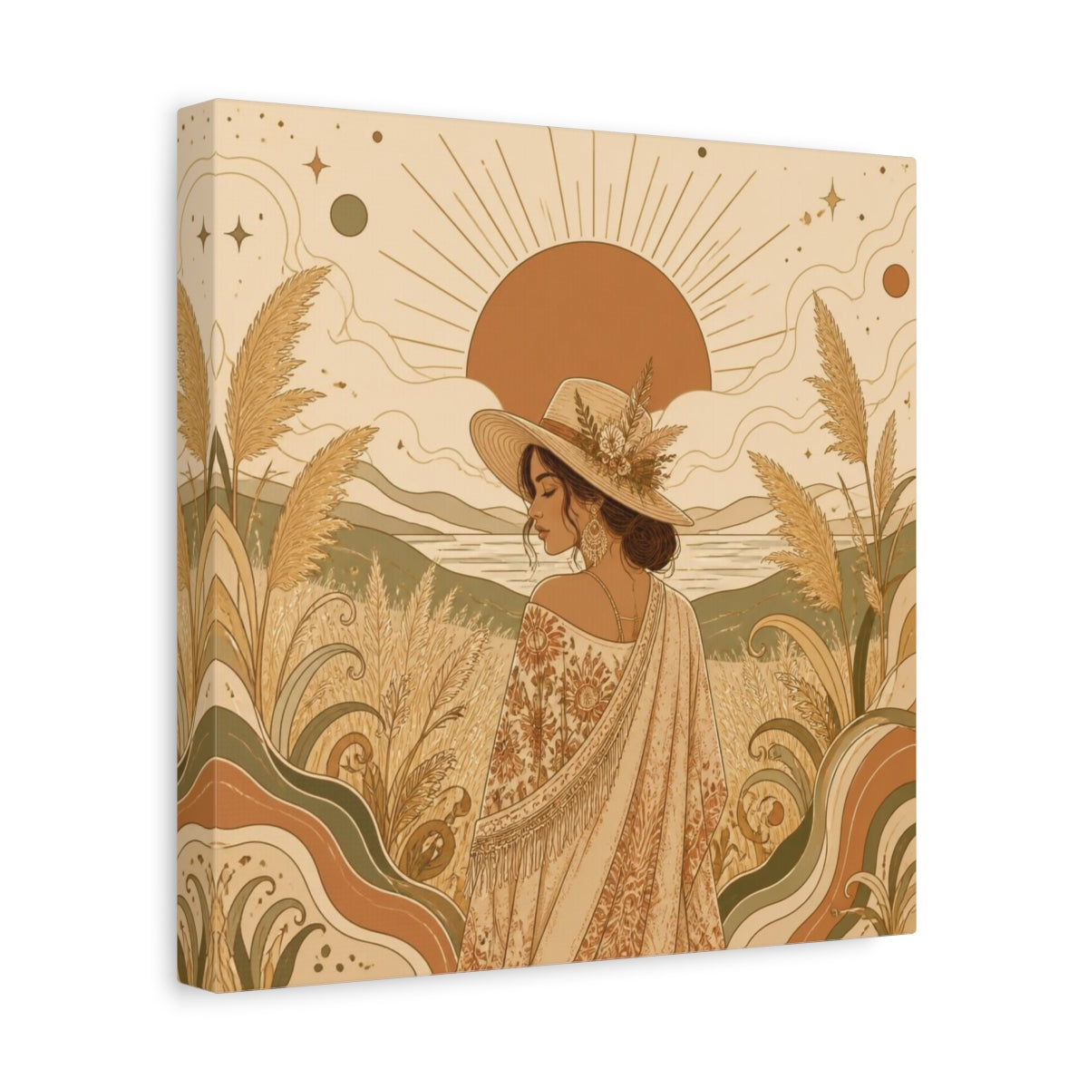 Side Mockup 8. Boho Meadow Woman shown as canvas print